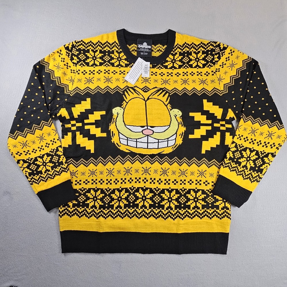 Garfield Ugly Christmas Sweater Mens XL Big Grin Fair Isle Black Yellow NWT